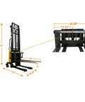 Heavy Duty Semi Electric Pallet Stacker Blasts 2204 Pounds Up To 138 Inches With Slim Legs And Reinforced Steel Forks side view with dimensions.