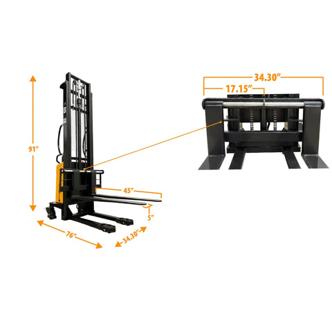 Heavy Duty Semi Electric Pallet Stacker Blasts 2204 Pounds Up To 138 Inches With Slim Legs And Reinforced Steel Forks side view with dimensions.