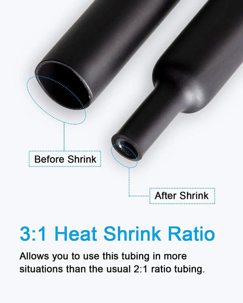 270 Piece Heat Shrink Tubing Kit With Adhesive Lined, 3 To 1 Ratio, Before and After Shrink Demonstration, Black Tubing