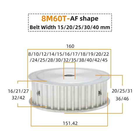 Premium 8M 60T Timing Pulley Featuring Slick Circular Arc Teeth Built Rock Solid For Seamless HTD Belt Drives with measurements.