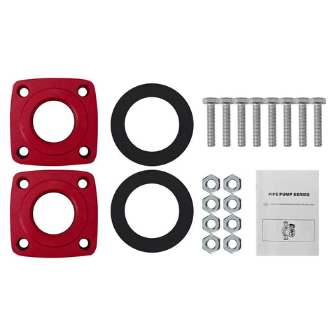 Boss Level 1 2 Hp Circulation Pump Ups26 150Sf With Plug And Play Hookup For Grundfos 95906632 Units installation kit with red flanges, seals, nuts, screws, and manual.