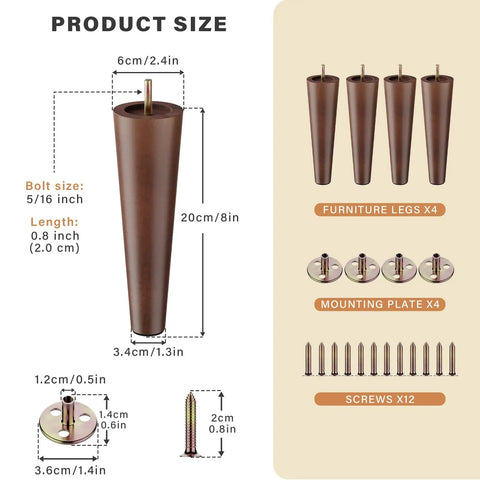 Diagram of 12 Inch Round Solid Wood Furniture Legs Set Of 4 For Mid Century Modern Style with dimensions and components.