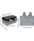 Tough As Nails IP66 Weatherproof Wall Power Socket Featuring Dual 15 Amp Outlets Designed For Backyards Patios And Pool Areas With Secure Splash Guard Cover, showing dimensions and design.