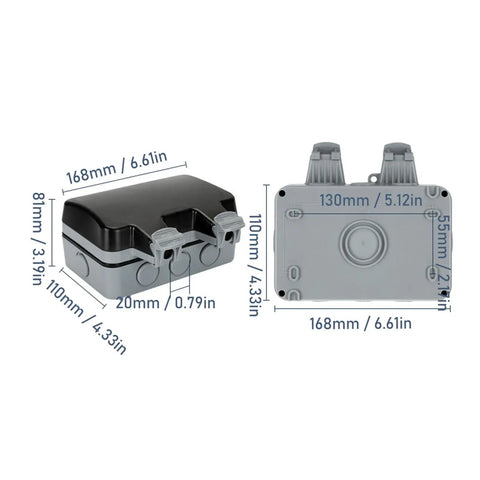 Tough As Nails IP66 Weatherproof Wall Power Socket Featuring Dual 15 Amp Outlets Designed For Backyards Patios And Pool Areas With Secure Splash Guard Cover, showing dimensions and design.