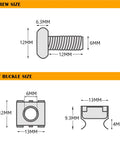 Screw and nut size diagram for Heavy Duty M6 Rack Screws And Cage Nuts 50 Pack for Server Cabinet Rack Mounting.