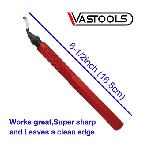 VASTOOLS deburring tool with red metal handle and curved blade, 6.5 inch (16.5 cm) length.