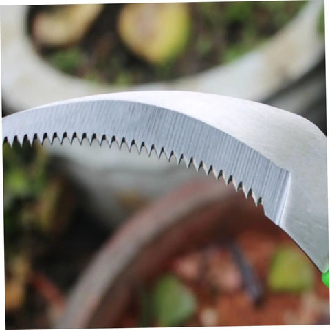 Close-up of serrated blade on Two Pack Serrated Gardening Mowing Tool With Steel Sickle Handles Manual Weeder.