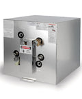 Premium 11 Gallon Marine Electric Water Heater 120 Volt With Front Heat Exchange Aluminum Build Back Mount with safety warnings.