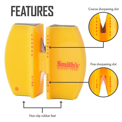Yellow Two Step Knife Sharpener With Coarse And Fine Slots showing carbide and ceramic sharpening stages, compact keychain tool.