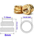 Brass Insert Nuts Set 1/4 20 UNC Hot Melt Knurled Thread Copper Nuts for 3D Printer, diagram and close-up view