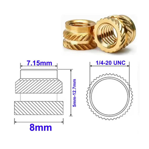 Brass Insert Nuts Set 1/4 20 UNC Hot Melt Knurled Thread Copper Nuts for 3D Printer, diagram and close-up view