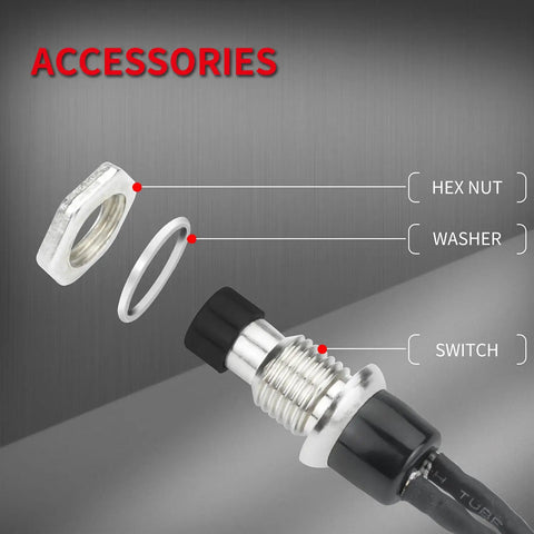 Accessories for Mini Momentary Push Button Switch 1A 250VAC SPST NO Black, showing hex nut, washer, and switch configuration.