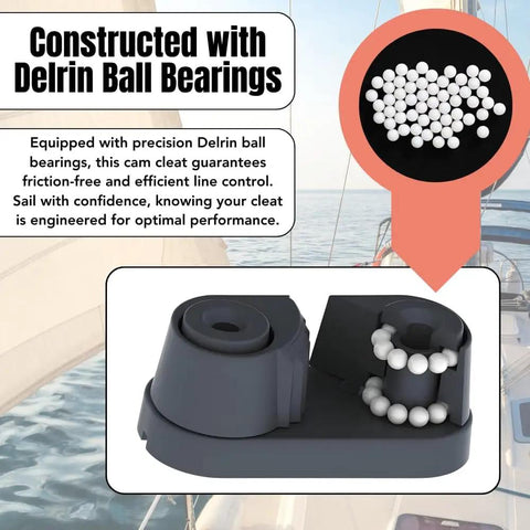 Image of Premium Nylon Sailing Cam Cleat With Wire And Strap Fairlead 132 for line sizes 1/8 to 3/8 inch with Delrin bearings.
