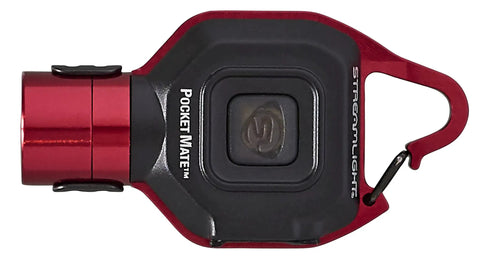 Ultra Compact 325 Lumen USB Rechargeable Keychain Clip Light Red with carabiner hook on black handle.