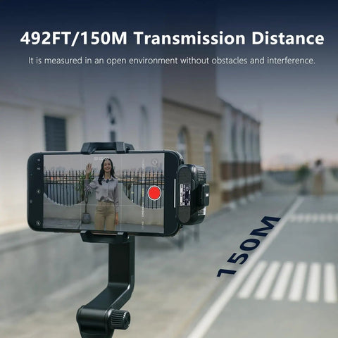 Smartphone on gimbal showing live stream with 2-Person Wireless Lavalier Microphone System For iPhone, Cam, And Android.