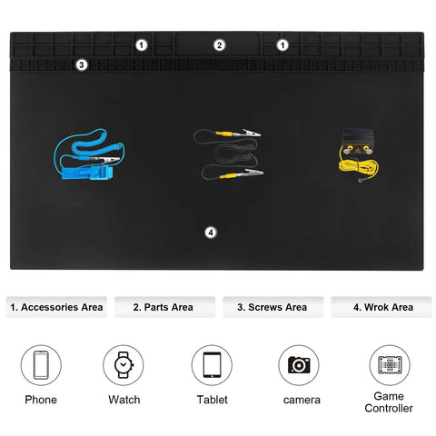 Extra Large Anti Static Soldering Mat With Grounding Accessories And Wrist Strap, Pro Grade, Black, Work Areas Labeled