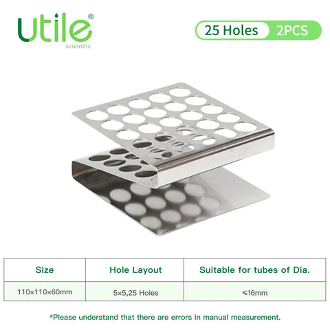 Two Pack 25 Hole Stainless Steel Test Tube Rack Z Shape for Tubes Up To 16mm Diameter