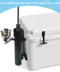 Wall Mounted Cooler Fishing Rod Holder For YETI And RTIC attached to a white cooler, showing fishing rod secured in the black holder