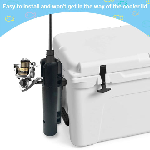Wall Mounted Cooler Fishing Rod Holder For YETI And RTIC attached to a white cooler, showing fishing rod secured in the black holder