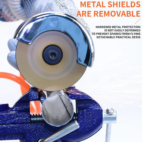 Heavy Duty Pneumatic Air Cut Off Tool Kit With 5 Pcs Three Inch Cut Off Wheels And HSS Saw Blade Includes Wrench And 1 Quarter Inch NPT Fitting For Metal Sheet Cutting with removable metal shields shown.