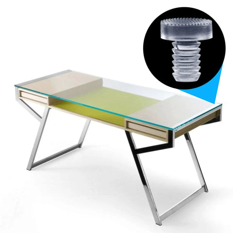 Rock Solid Glass Table Bumpers With Stem Mount, 50 Pack Anti Slip Furniture Pads visible on modern glass table.