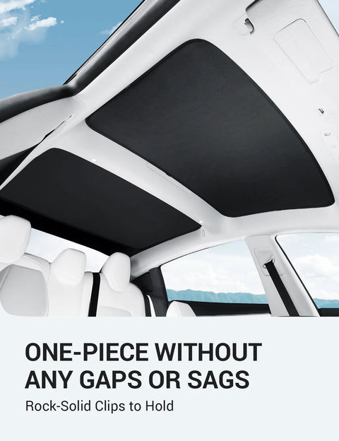 Tesla Model 3 sunshade panels for front and rear glass roof, black fabric, with storage bag.