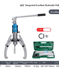 10 Ton Hydraulic Gear Puller Set With Two Or Three Jaw Options For Slick Wheel Bearing Removal And Axle Separation showing integrated design and carrying case.