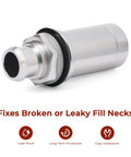 Gas Fuel Tank Fill Neck Repair Kit For Chevy And GMC Trucks And SUVs Fix Leaky Or Broken Fill Necks Durable Aluminum Construction Replaces EAJ40-1000 Easy Install Long-Lasting Leak Prevention For Gas System, aluminum repair kit shown with leak-proof icons.