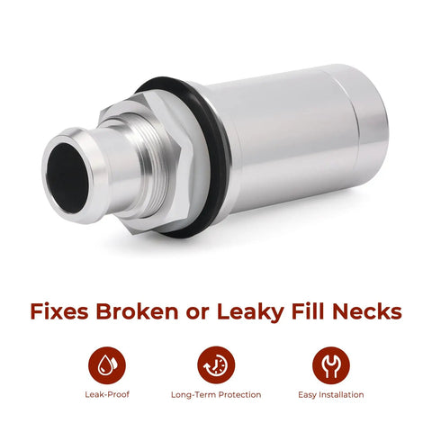 Gas Fuel Tank Fill Neck Repair Kit For Chevy And GMC Trucks And SUVs Fix Leaky Or Broken Fill Necks Durable Aluminum Construction Replaces EAJ40-1000 Easy Install Long-Lasting Leak Prevention For Gas System, aluminum repair kit shown with leak-proof icons.