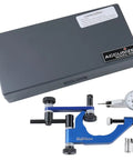 Blue Accusize dial test indicator with universal indicator holder and accessories in a gray plastic storage case