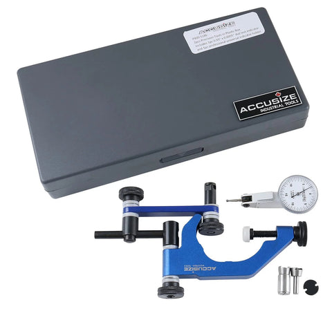 Blue Accusize dial test indicator with universal indicator holder and accessories in a gray plastic storage case