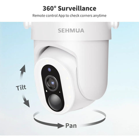 Close-up of Solar Outdoor Wireless Security Camera showing tilt and pan capabilities with 360 degree surveillance.