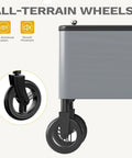 Close-up of wheels on 80 Quart Outdoor Rolling Ice Chest Wagon Cooler Cart With XL Wheels For Beach Patio And Parties Long Handle