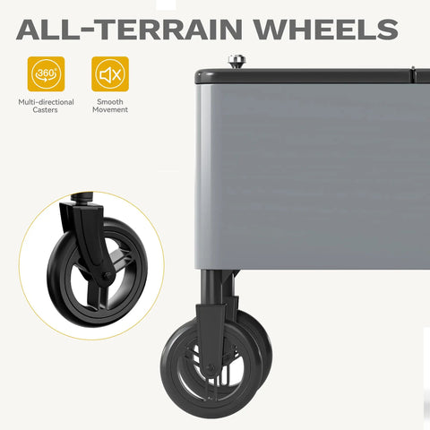 Close-up of wheels on 80 Quart Outdoor Rolling Ice Chest Wagon Cooler Cart With XL Wheels For Beach Patio And Parties Long Handle