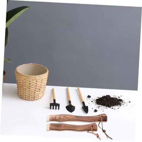 Ergonomic Short Axe Handle Made From Solid Wood Replacement For Hatchet And Hammer, displayed next to garden tools and soil.