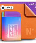 Lote de ocho paños de microfibra para limpiar lentes, gafas, pantallas, cámaras, dispositivos de realidad virtual (VR) y AR; paños en color naranja y morado con embalaje