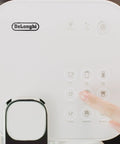 One Touch Automatic Milk Coffee Brewer With Integrated Frother For Barista Level Espresso And Smooth Morning Kick Premium White Finish Single Serve Capsule Compatible Home Brewing Setup For Reliable Daily Java Rituals control panel with buttons for various coffee settings.