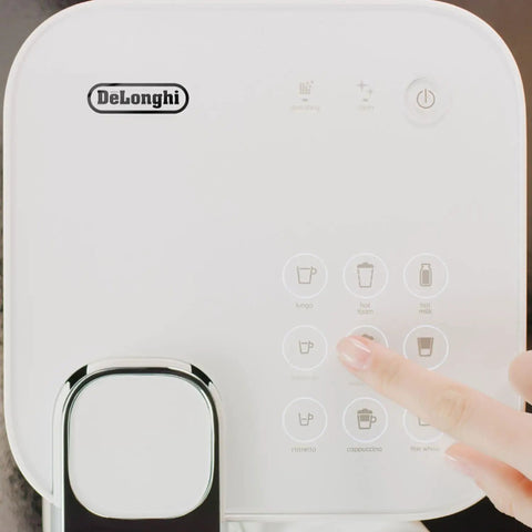 One Touch Automatic Milk Coffee Brewer With Integrated Frother For Barista Level Espresso And Smooth Morning Kick Premium White Finish Single Serve Capsule Compatible Home Brewing Setup For Reliable Daily Java Rituals control panel with buttons for various coffee settings.