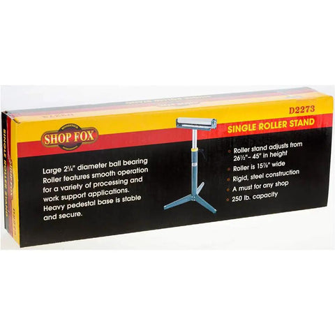 Box image of Beefy Heavy Duty Single Roller Stand With 250 Pound Capacity And Easy Quick Height Adjustment, product details visible.
