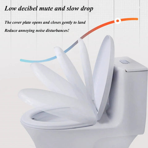 Silent Soft Close No Sweat Quick Release Oval Toilet Seat With Adjustable Zinc Hinge showing slow drop mechanism in use.