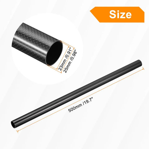 Carbon Fiber Tubes Pack Of 2, 500mm Long By 25mm Outer Diameter With 23mm Inner, 3K Plain Weave Hollow Tubing size details