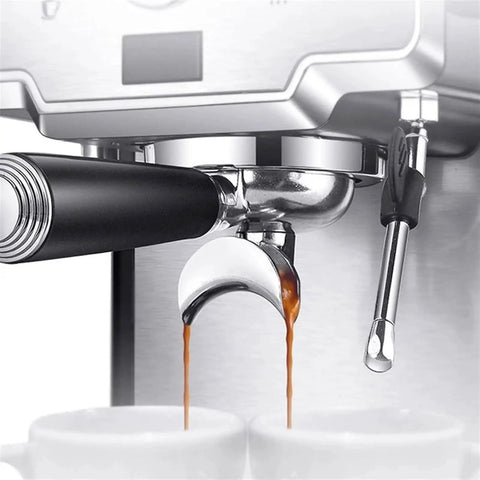 Pouring espresso from the portafilter of a Solid Espresso Coffee Maker For Home Brewers Featuring Precise Pressure Dial Auto Shut Off Power Conserving Mode And Built In Frother For Rich Cappuccinos That Always Hit The Spot.