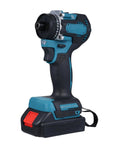 Versatile 21V Cordless Drill And Screwdriver Combo Featuring A Smooth Brushless Motor 55Nm Peak Torque 21 Flex Settings And Standard US Plug side view with battery.