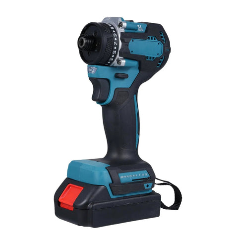 Versatile 21V Cordless Drill And Screwdriver Combo Featuring A Smooth Brushless Motor 55Nm Peak Torque 21 Flex Settings And Standard US Plug side view with battery.
