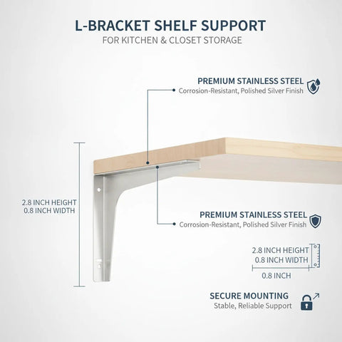Built Tough L Shaped Shelf Bracket For Wall Mount Storage In Kitchen Cabinets Closets And Wardrobes Two Point Eight Inch Height Stainless Steel Silver 1 Pack Easy Install shown with wooden shelf.
