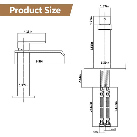 Black Waterfall Bathroom Faucet With Deck Plate 1 Hole Or 3 Hole Lavatory Sink Tap Single Handle Pop Up Drain Stainless Steel Modern Vanity Faucet Easy DIY Install product size diagram with measurements.