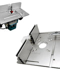 Top Shelf Aluminum Router Table Insert Plate Featuring Precision Accuracy Scale Hella Durable Aluminum Construction Perfect Fit For Custom Woodworking Bench Setups, top view with mounted router.