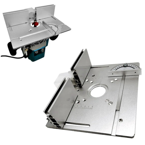 Heavy Duty Aluminum Router Table Insert Plate With T Slot Mounting Holes For Seesaw Woodworking Machines shown with router.