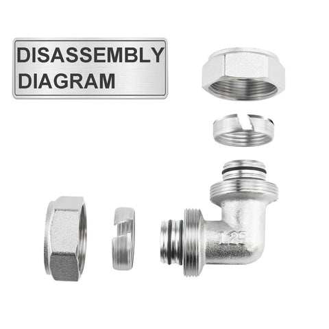 Two Pack Three Quarter Inch Brass Nickel Plated Elbow Air Fittings Equal 90 Degree Tubing With Double O Ring Seal For High Pressure Built Tough For Your Garage Shop Compressed Air Line System Compatible With MaxLine disassembly diagram