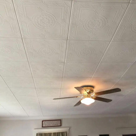 No Sweat Glue Up Foam Ceiling Tiles EZ Install Hides Popcorn Texture Fast Lightweight Styrofoam ceiling with decorative pattern.
